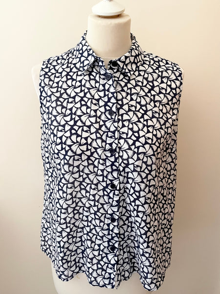 HOBBS NAVY BLUE & WHITE PRINT COTTON SLEEVELESS COLLARED TOP SIZE 12
