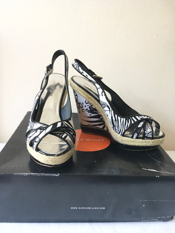 KAREN MILLEN BLACK & WHITE PRINT WEDGE HEEL SANDALS SIZE 5/38