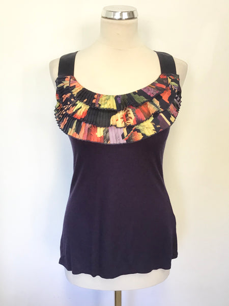 TED BAKER NAVY BLUE WITH MULTICOLOURED FRILL TRIM VEST TOP SIZE 1 UK 8/10