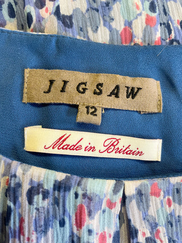 JIGSAW BLUE & PINK PRINT SILK SLEEVELESS FIT & FLARE DRESS SIZE 12