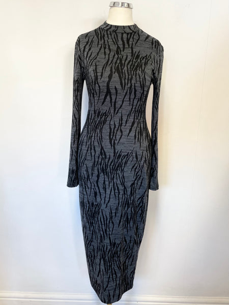 WHISTLES GREY & BLACK PRINT STRETCH JERSEY MIDI DRESS SIZE 6