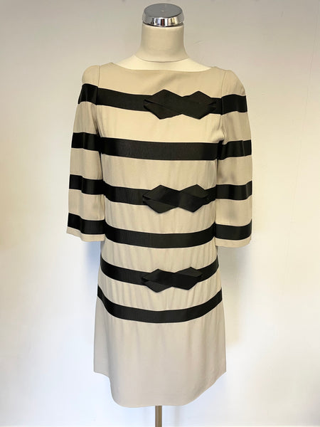 JAEGER BEIGE & BLACK RIBBON STRIPE BOW TRIM 3/4 SLEEVE SHIFT DRESS SIZE 8