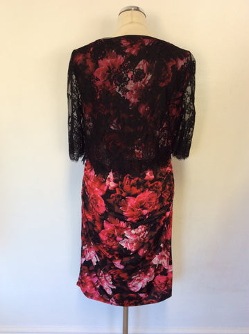 PHASE EIGHT RED,WHITE & BLACK FLORAL PRINT LACE OVERLAY TOP DRESS SIZE 16