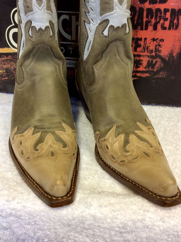 SANCHO TUNDRA DESERT,BEIGE & WHITE LEATHER COWBOY BOOTS SIZE 5/38