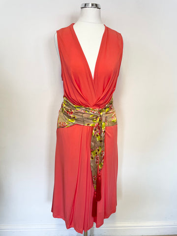ROBERTO CAVALLI CLASS CORAL & FLORAL PRINT SATIN SASH WAIST SLEEVELESS DRESS SIZE 42 UK 10