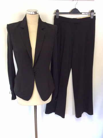 DONNA KARAN SIGNATURE BLACK WOOL SEMI SHEER SLEEVE JACKET & TROUSERS SIZE 10