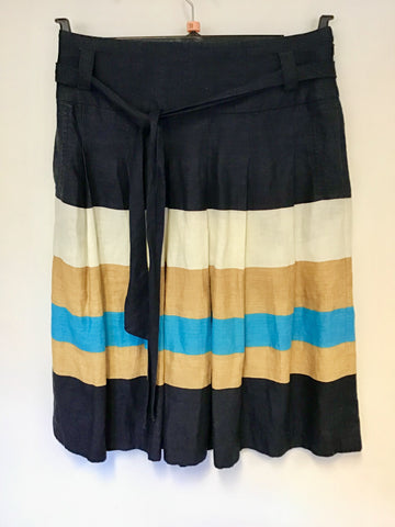 HOBBS STRIPED LINEN PLEATED TIE BELT SKIRT SIZE 10