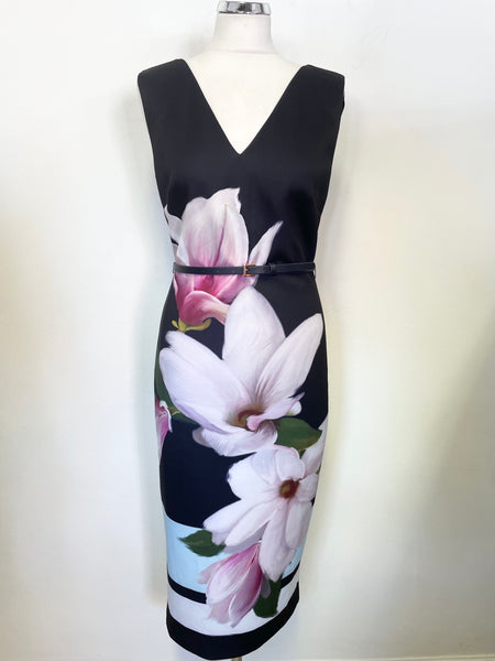 TED BAKER AVIA BLACK & FLORAL PRINT SLEEVELESS BELTED PENCIL DRESS SIZE 3 UK 12