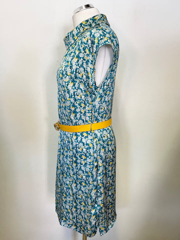 CLEMENTS RIBEIRO TURQUOISE & LEMON FLORAL PRINT SLEEVELESS SHIFT DRESS SIZE 10