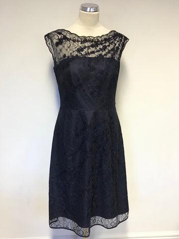 MONSOON NAVY BLUE LACE OVERLAY BEADED & SEQUIN TRIM FIT & FLARE DRESS SIZE 12