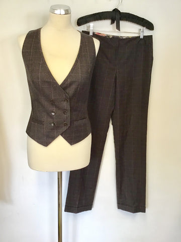 TED BAKER DARK BROWN CHECK WOOL BLEND WAISTCOAT & TROUSERS SIZE 1 UK 10