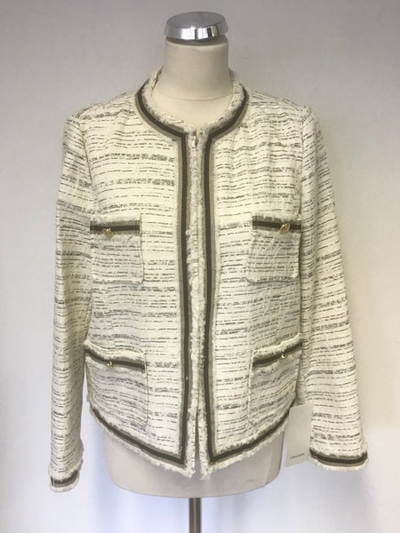 BRAND NEW ZARA IVORY & BLACK WEAVE BRAID TRIM COLLARLESS BOX JACKET SIZE XL