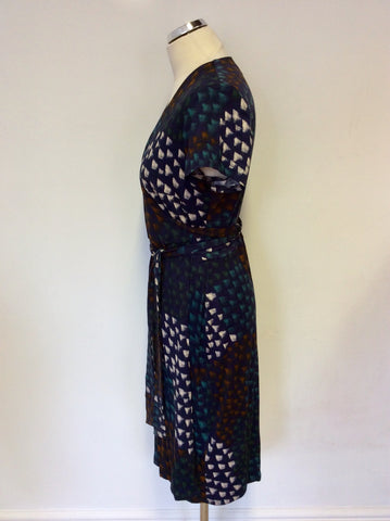 HOBBS BLUE,GREEN,BROWN & WHITE PRINT SHORT SLEEVE WRAP DRESS SIZE 14