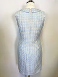 KEW. 159 PALE BLUE & WHITE SPOT PRINT SLEEVELESS COLLARED PENCIL DRESS SIZE 8