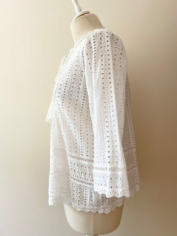 WHISTLES WHITE COTTON BROIDERY ANGLAISE 3/4 SLEEVE TOP SIZE 12