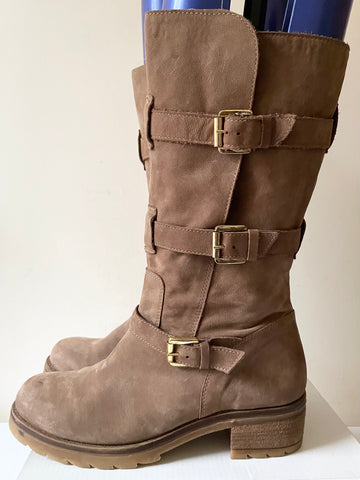 DANIEL LIGHT BROWN MOLESKIN LEATHER BUCKLE STRAP TRIM CALF LENGTH BIKER BOOTS SIZE 4/37