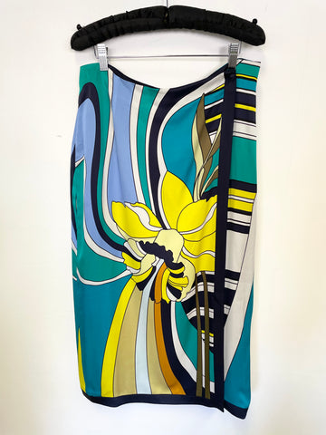 A. FOR JIGSAW MULTI COLOURED PATTERNED SILK WRAP AROUND MIDI SKIRT SIZE 14
