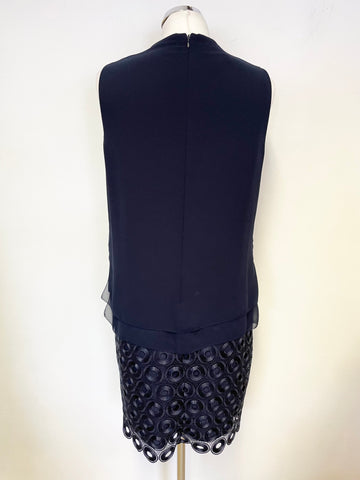HOBBS NAVY BLUE LAYERED BODICE & LACE SKIRT SLEEVELESS SHIFT DRESS SIZE 12