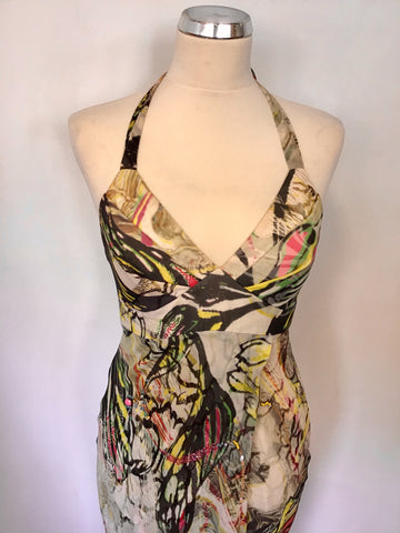 KAREN MILLEN MULTI COLOURED HALTERNECK PRINT MAXI DRESS SIZE 10