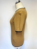 JAEGER CAMEL & BLACK TRIM SHORT SLEEVE WOOL BLEND JUMPER SIZE S