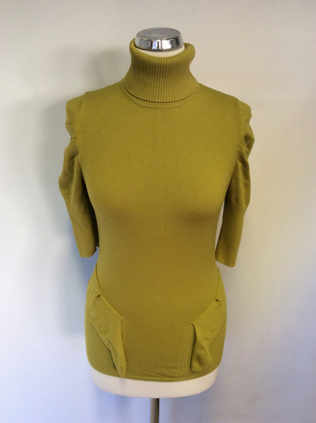 KAREN MILLEN MUSTARD PEPLUM TRIM POLO NECK JUMPER SIZE 2 UK 10/12