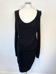 JIGSAW BLACK JERSEY DRAPED FRONT LONG SLEEVED STRETCH PENCIL DRESS SIZE M
