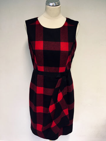 HOBBS RED & BLACK CHECK WOOL BLEND PENCIL DRESS SIZE 10