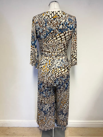 ONJENU LONDON MULTI COLOURED PRINT BELTED JUMPSUIT SIZE 10