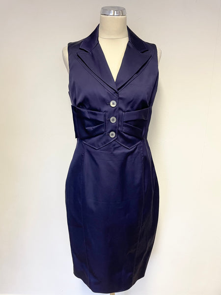 KAREN MILLEN MIDNIGHT BLUE COLLARED V NECKLINE SLEEVELESS PENCIL DRESS SIZE 14