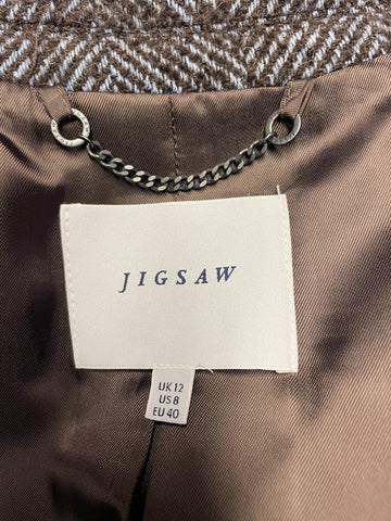 JIGSAW BROWN & BLUE TWEED WOOL BLEND SHORT COAT SIZE 12