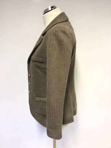 AVOCA ORIGIN BROWN HERRINGBONE WOOL BLEND JACKET SIZE 1 UK 8/10