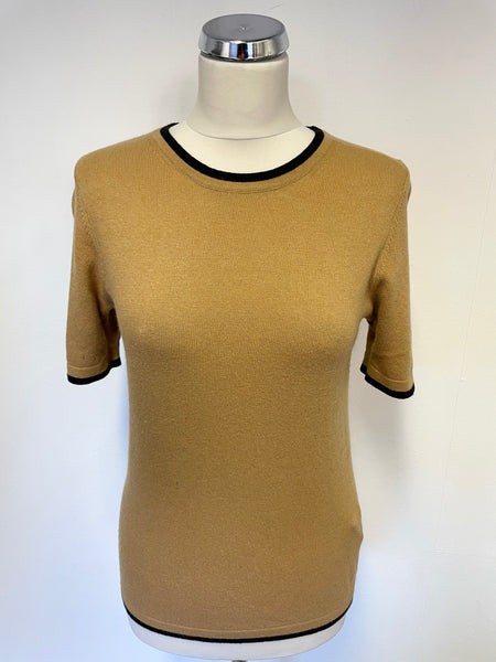 JAEGER CAMEL & BLACK TRIM SHORT SLEEVE WOOL BLEND JUMPER SIZE S