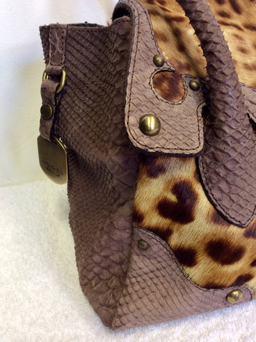 TOSCA BLU BROWN LEATHER SNAKESKIN & LEOPARD PRINT PONYSKIN SHOULDER BAG