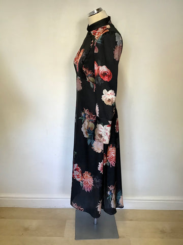 BRAND NEW ZARA BLACK FLORAL PRINT SATIN LONG SLEEVE DRESS SIZE M