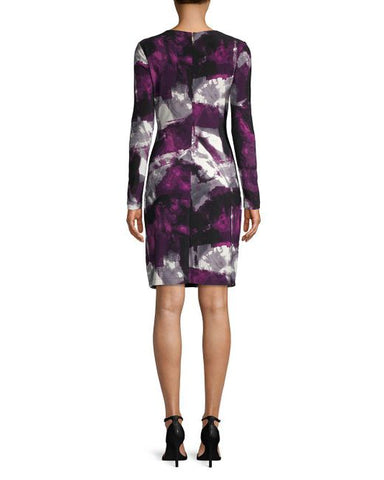 BRAND NEW DONNA KARAN PURPLE PRINT TWIST FRONT LONG SLEEVE DRESS SIZE UK 8