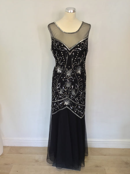 SIMPLY BE BLACK & SILVER BEADED & SEQUINNED NET OVELAY LONG EVENING DRESS SIZE 24