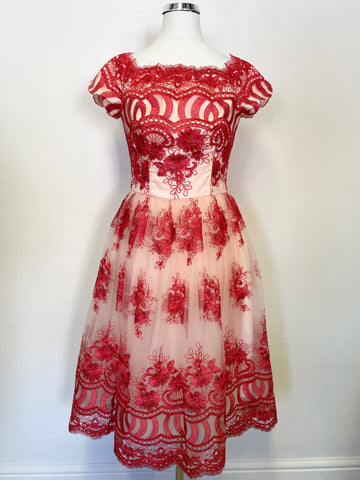 BRAND NEW CHI CHI LONDON RED & NUDE PINK LACE OVERLAY FIT & FLARE DRESS SIZE 8