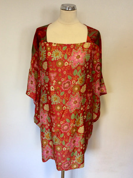 THE REMEDI RED,GREEN & PINK SHADES FLORAL PRINT SILK TUNIC TOP ONE SIZE
