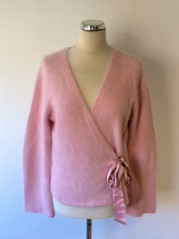 MONSOON PINK ANGORA BLEND WRAP ACROSS SILK TIE CARDIGAN/ JUMPER SIZE 16