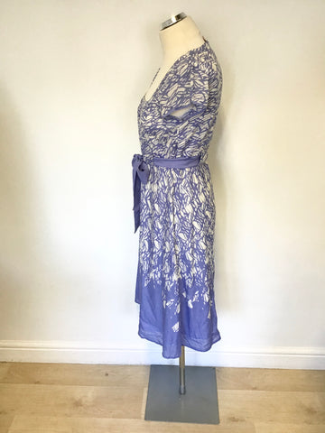 MONSOON LAVENDER & WHITE PRINT TIE BELT COTTON CAP SLEEVE DRESS SIZE 10