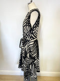 HOBBS BLACK & PALE GREY PATTERNED LINEN FIT & FLARE SLEEVELESS MIDI DRESS SIZE 16