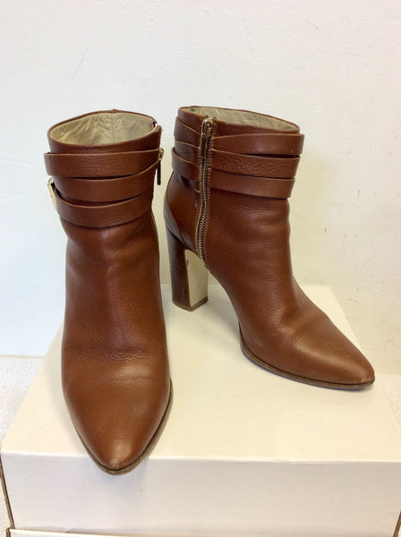 HOBBS TAN BROWN LEATHER BUCKLE TRIM ANKLE BOOTS
