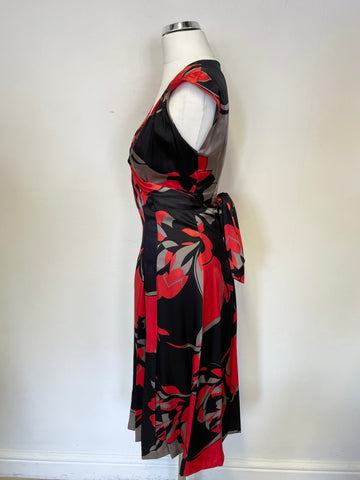 TED BAKER BLACK,GREY & RED FLORAL PRINT SILK SPECIAL OCCASION DRESS SIZE 2 Uk 10