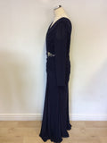 GINA BACCONI DARK BLUE DIAMANTÉ JEWEL TRIM LONG SLEEVE EVENING DRESS SIZE 16