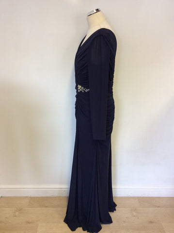 GINA BACCONI DARK BLUE DIAMANTÉ JEWEL TRIM LONG SLEEVE EVENING DRESS SIZE 16