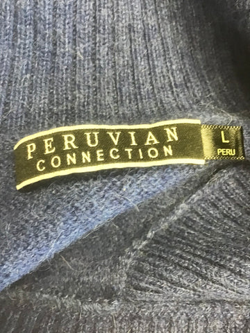 PERUVIAN CONNECTION BLUE 100% ROYAL ALPACA BLUE BUTTON NECK LONG SLEEVE JUMPER SIZE L