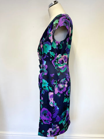 PRECIS NAVY,GREEN & PURPLE FLORAL PRINT CAP SLEEVE PENCIL DRESS SIZE 14