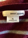 DKNY JEANS BURGUNDY & GREY STRIPE MERINO WOOL V NECK JUMPER SIZE XL