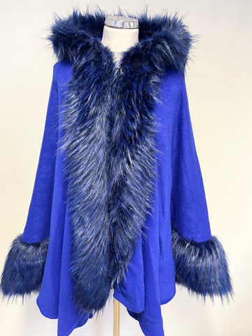 UNBRANDED ROYAL BLUE KNITTED FAUX FUR TRIM HOODED WRAP/ CAPE ONE SIZE
