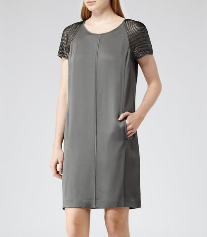 REISS GREY ZOWIE MESH SLEEVE SHIFT DRESS SIZE 8/10